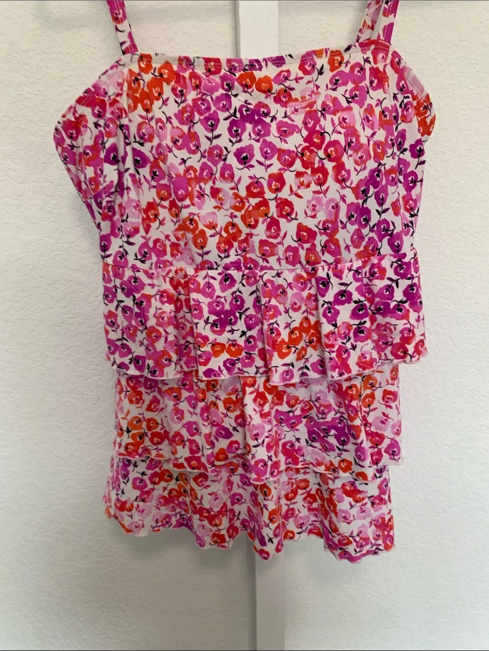 Lane Bryant Floral Pink Tiered Spaghetti-Strap Tankini Swim Top